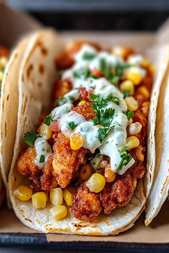 fried chicken street corn tacos