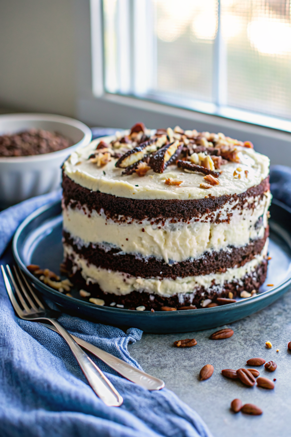 Almond Joy Layer Cake beautifully presented from an overhead angle