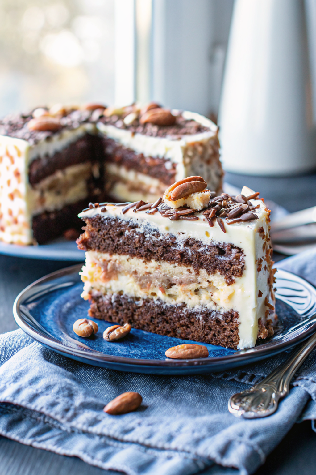Almond Joy Layer Cake slice on plate showing perfect texture and swirl pattern