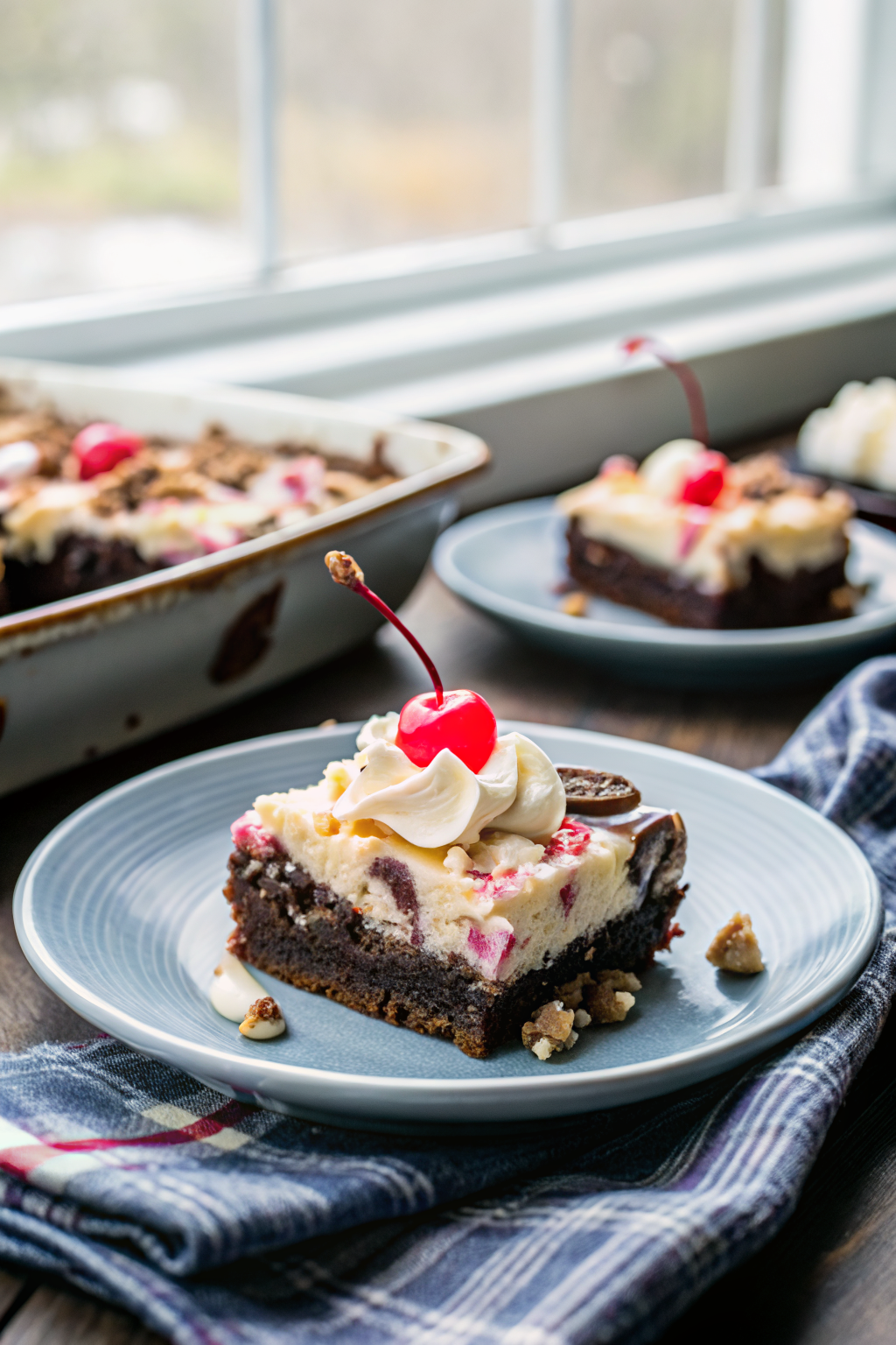 Banana Split Brownies slice on plate showing perfect texture and swirl pattern