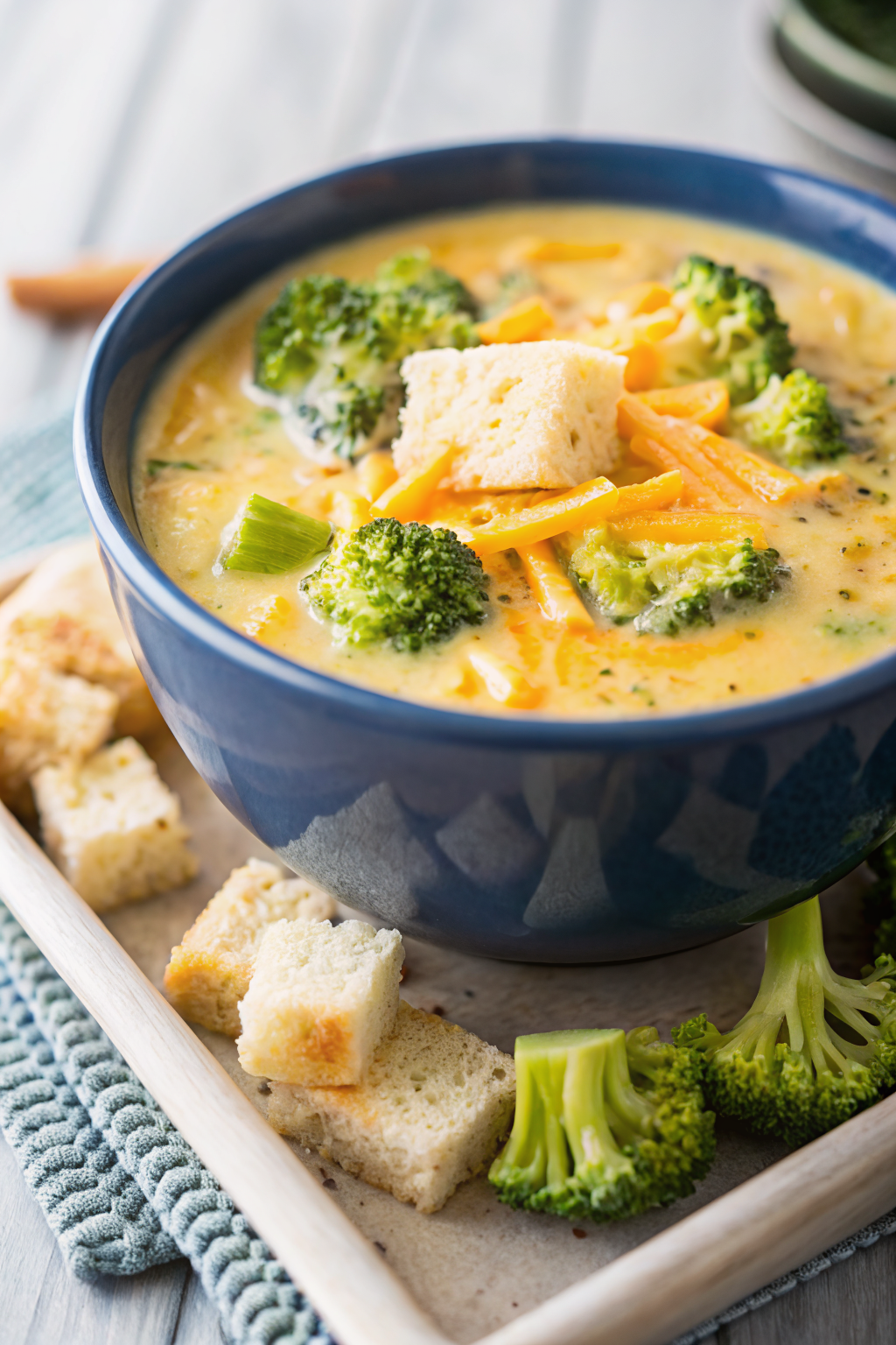 Best Broccoli Cheese Soup beautifully presented from an overhead angle