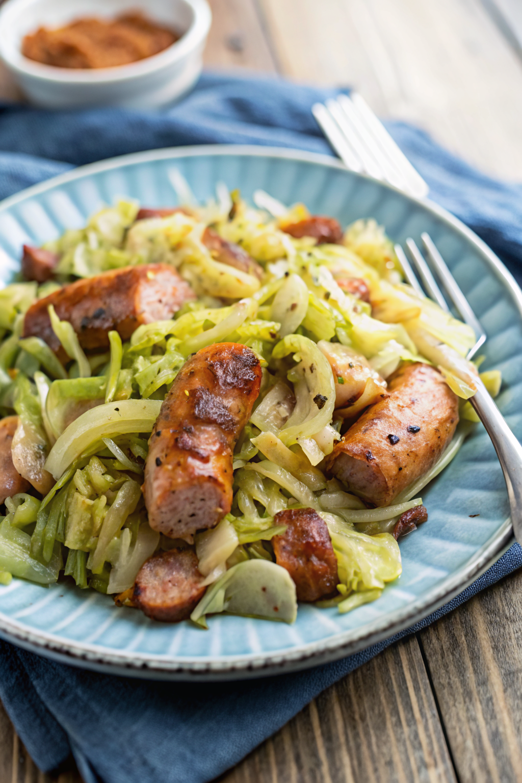 Cabbage and Sausage Skillet beautifully presented from an overhead angle