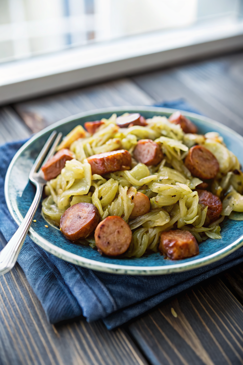 Cabbage and Sausage Skillet ingredients organized and measured on kitchen counter
