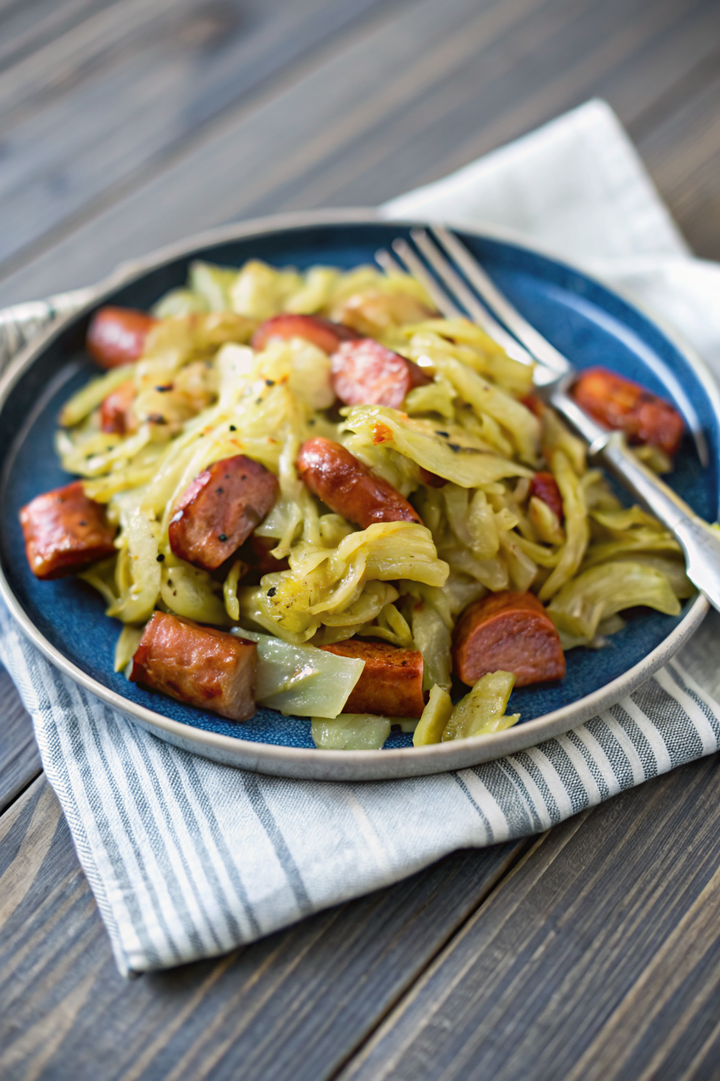 Cabbage and Sausage Skillet slice on plate showing perfect texture and swirl pattern