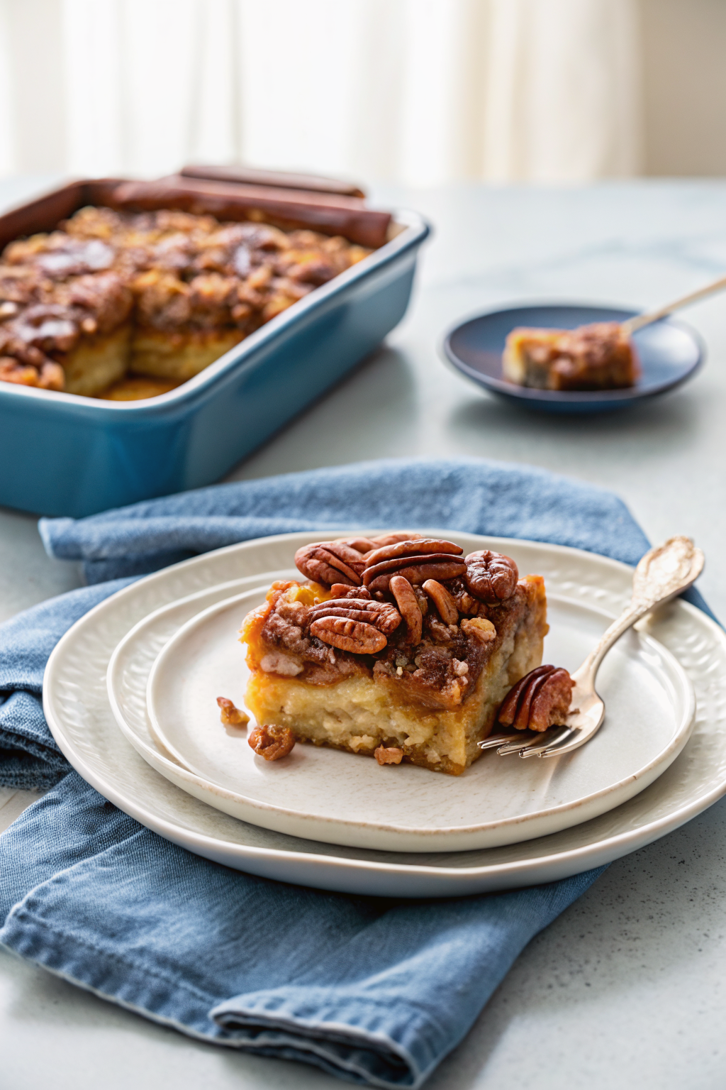 Caramel Pecan Breakfast Casserole beautifully presented from an overhead angle