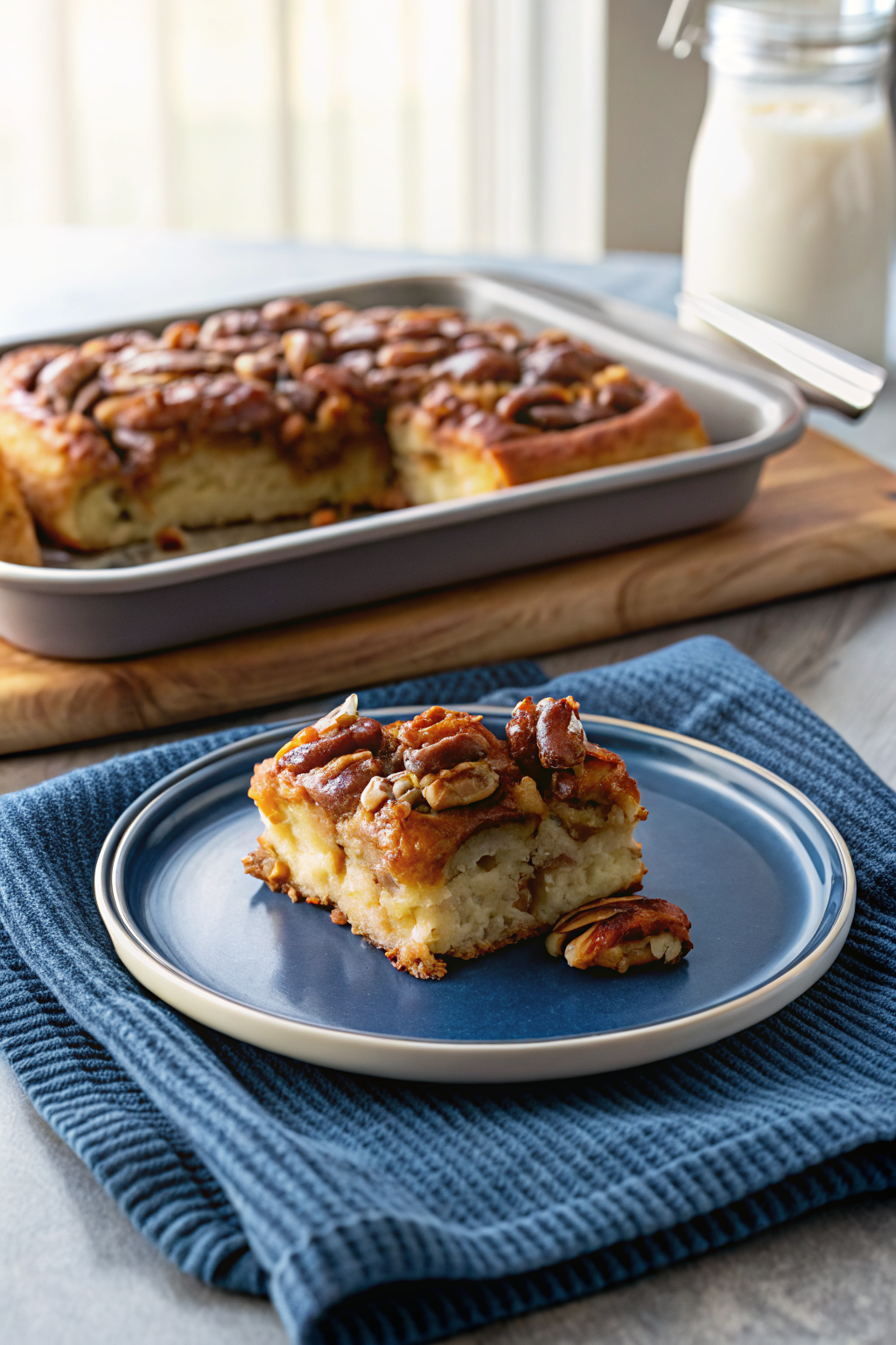 Caramel Pecan Breakfast Casserole slice on plate showing perfect texture and swirl pattern