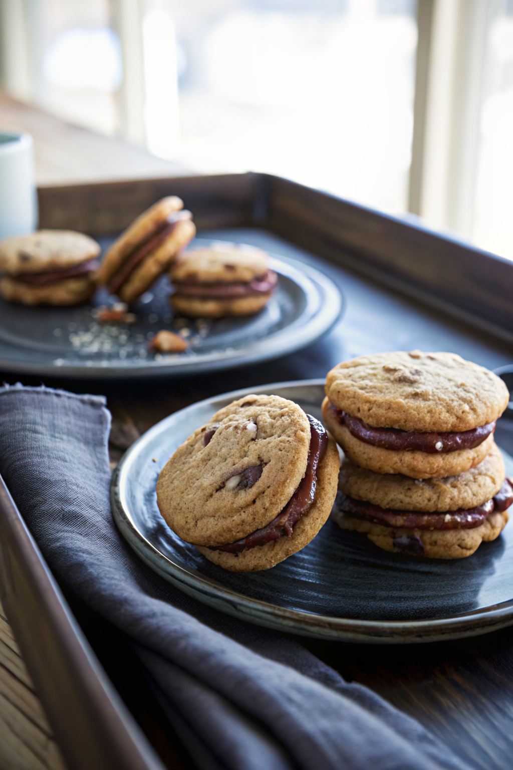 Chocolate Chip Cookie Sandwiches with Nutella Cream Cheese Filling beautifully presented from an overhead angle