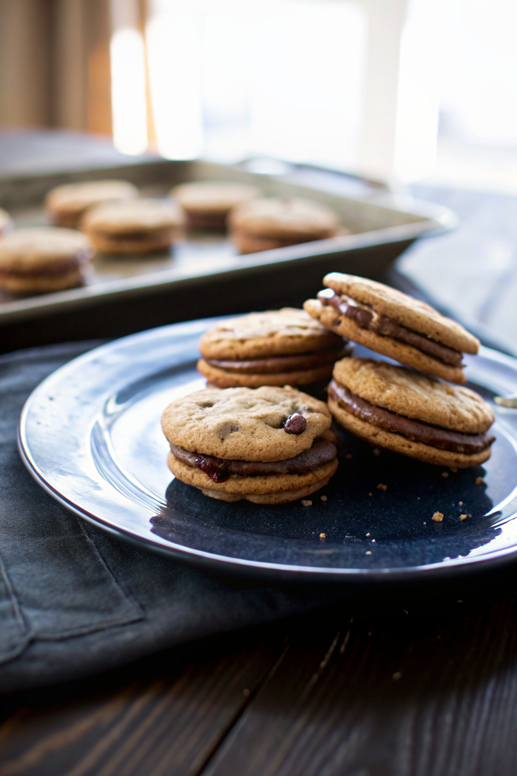 Chocolate Chip Cookie Sandwiches with Nutella Cream Cheese Filling slice on plate showing perfect texture and swirl pattern