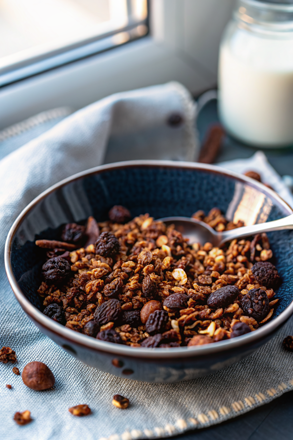 Chocolate Granola beautifully presented from an overhead angle
