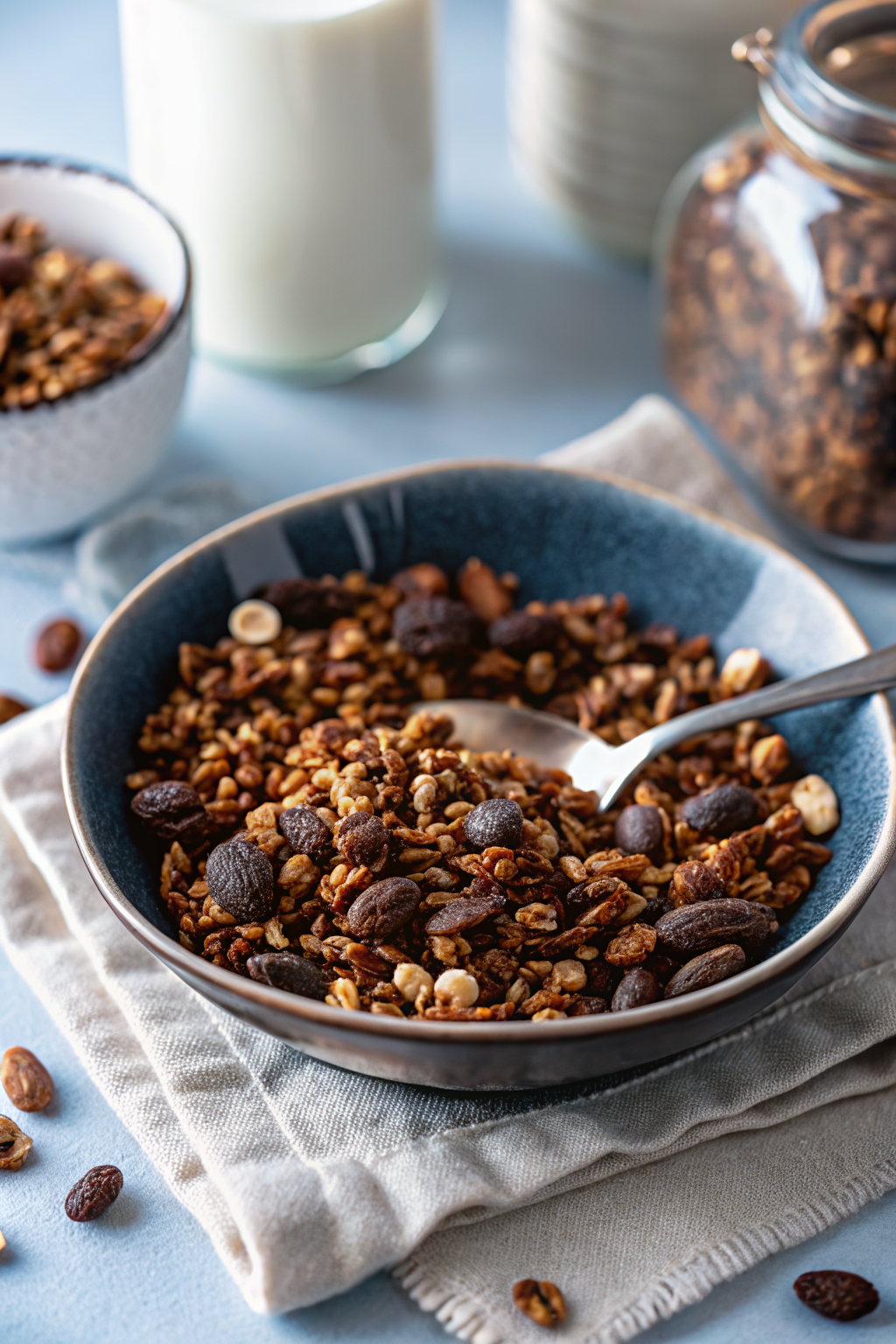 Chocolate Granola ingredients organized and measured on kitchen counter