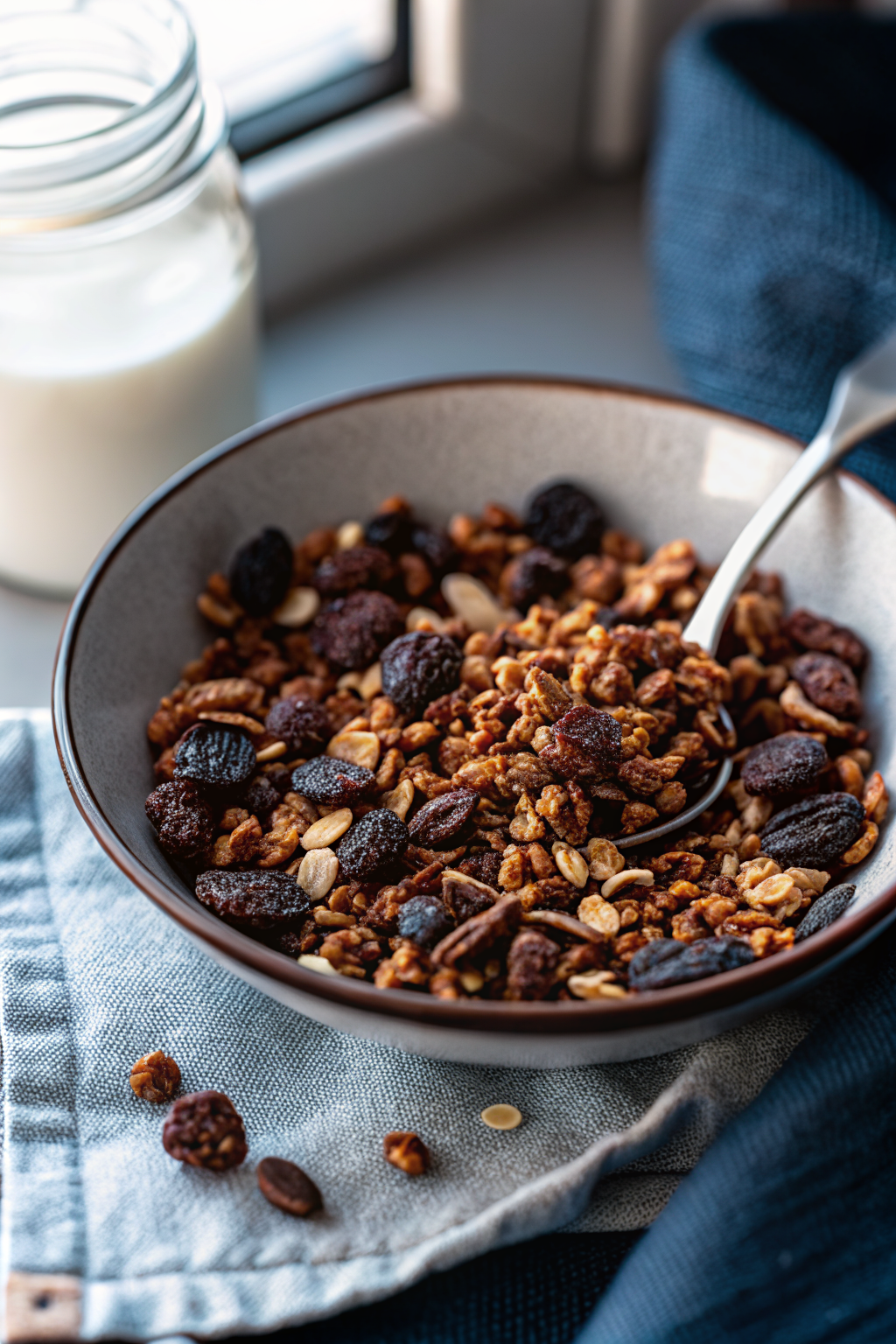 Chocolate Granola slice on plate showing perfect texture and swirl pattern