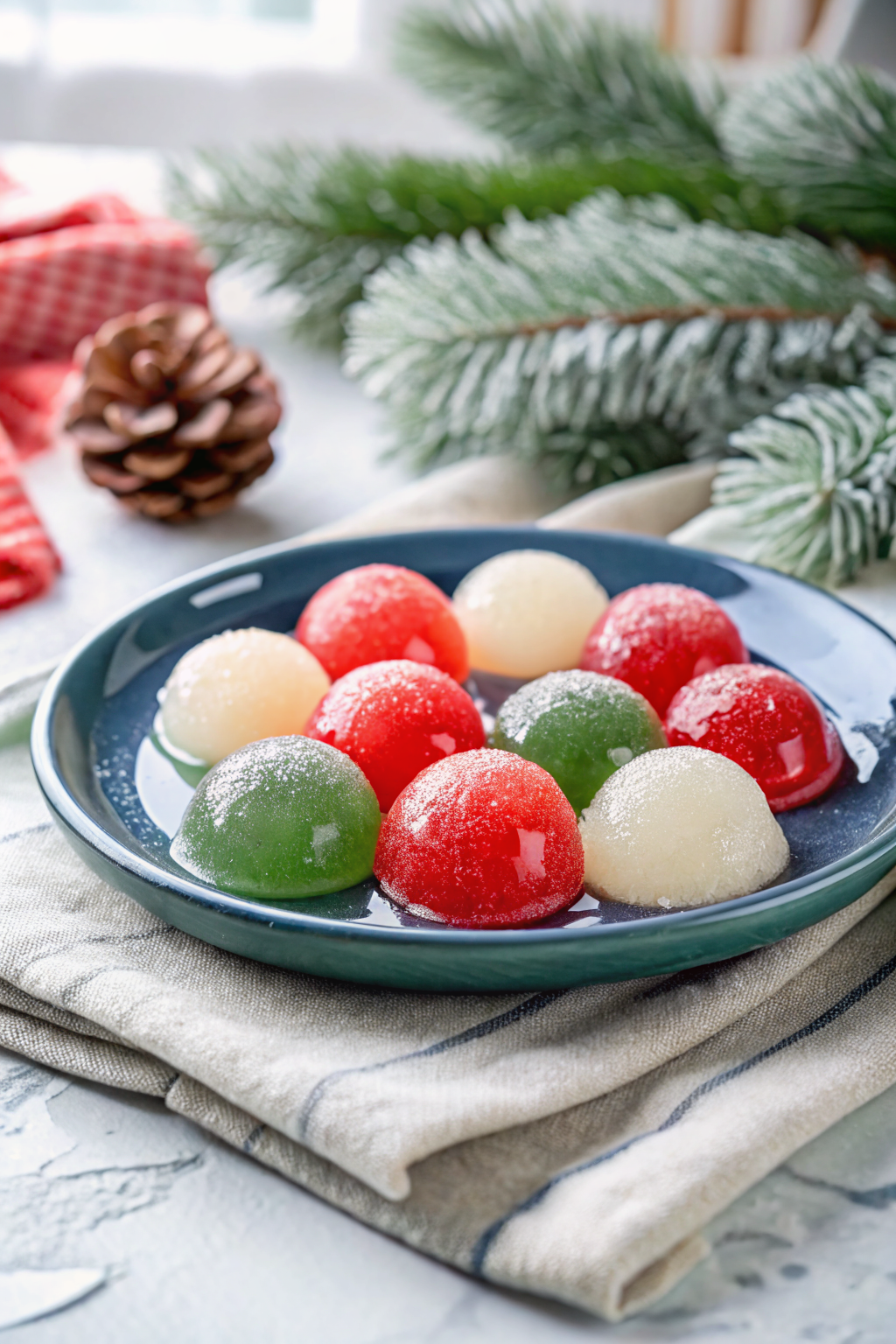 Christmas Jello Balls beautifully presented from an overhead angle