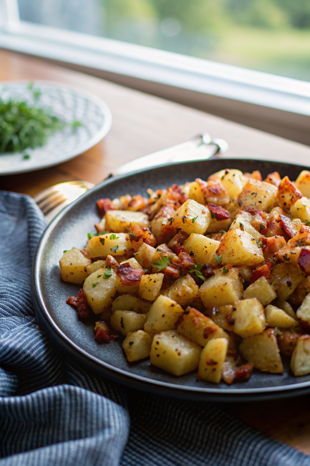 Crispy Cheese Bacon Potatoes beautifully presented from an overhead angle