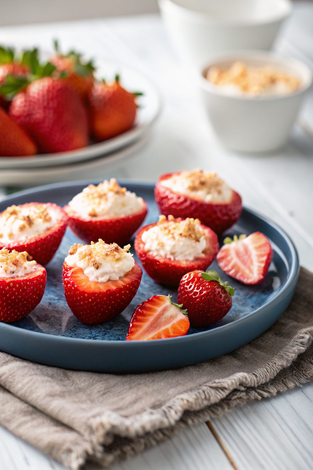 Strawberry Deviled Strawberries beautifully presented from an overhead angle