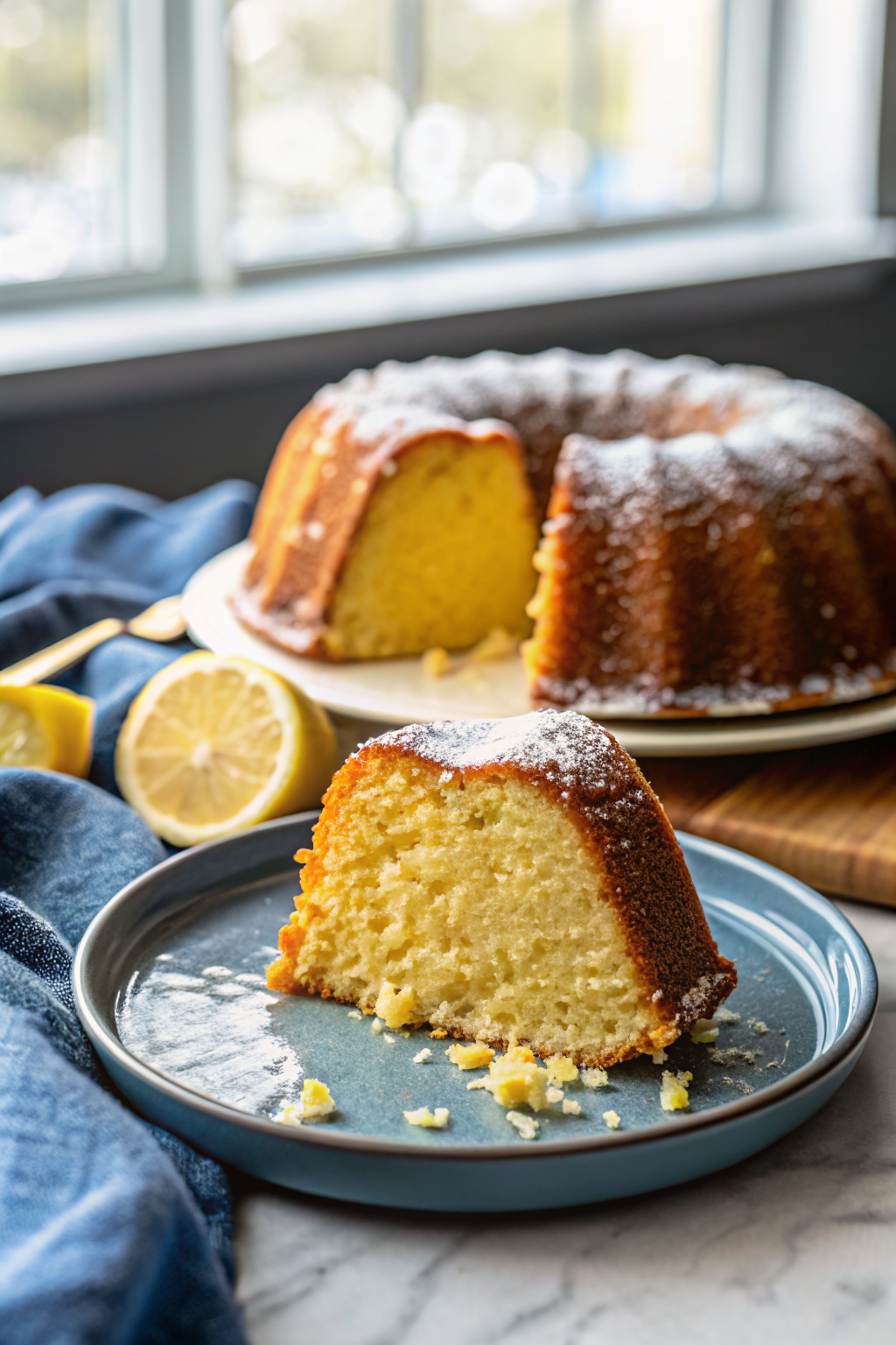 Easy Lemon Bundt Cake slice on plate showing perfect texture and swirl pattern
