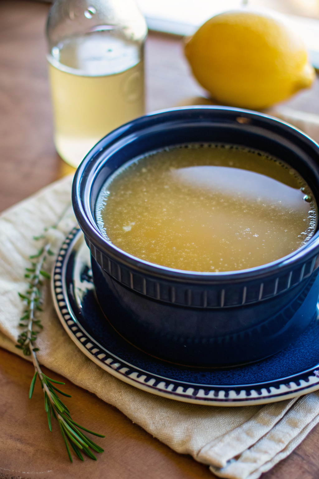 Homemade Chicken Broth beautifully presented from an overhead angle