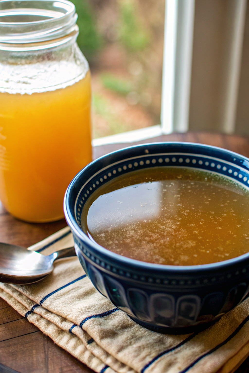 Homemade Chicken Broth slice on plate showing perfect texture and swirl pattern