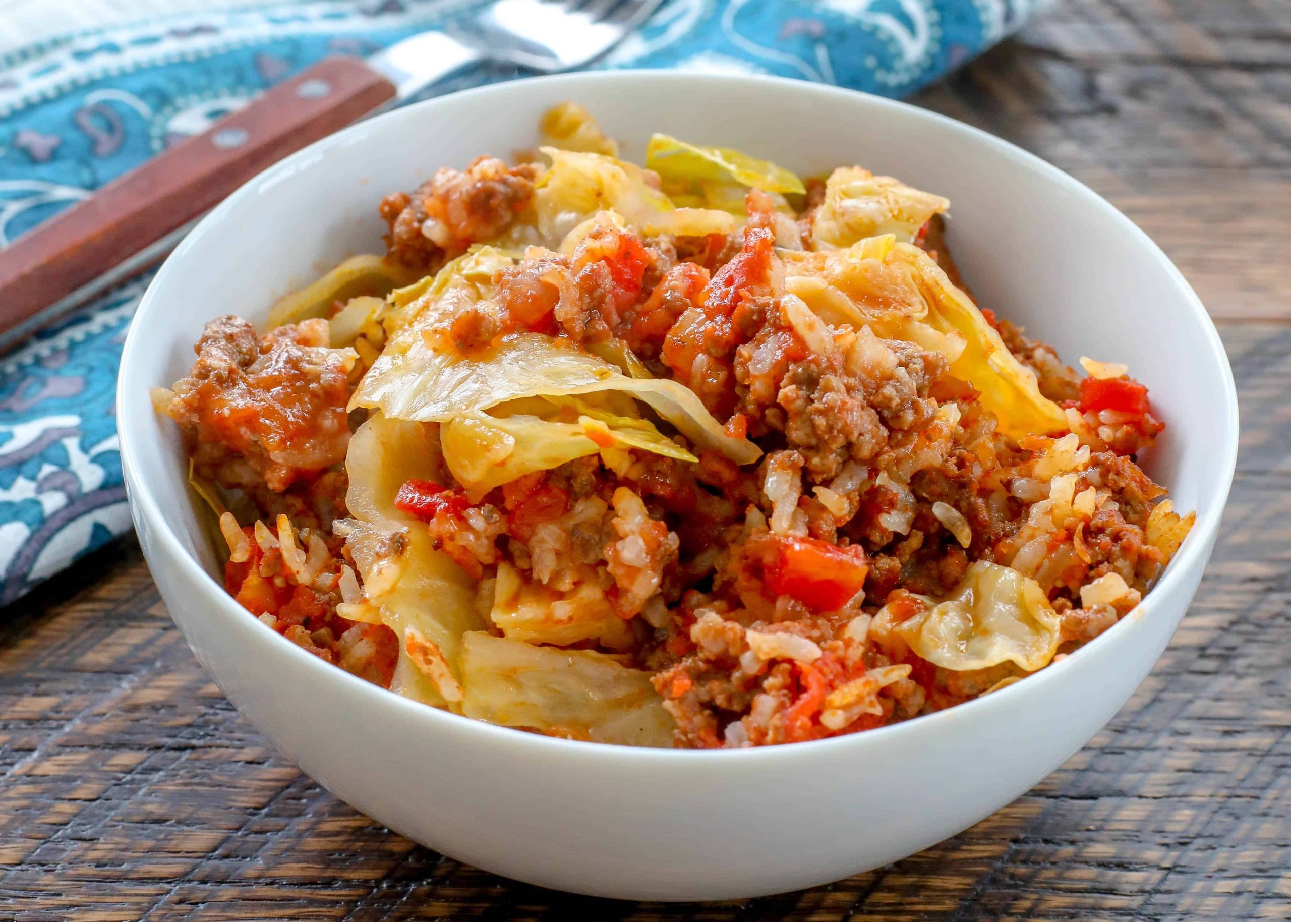 Cabbage Roll Casserole beautifully presented from an overhead angle