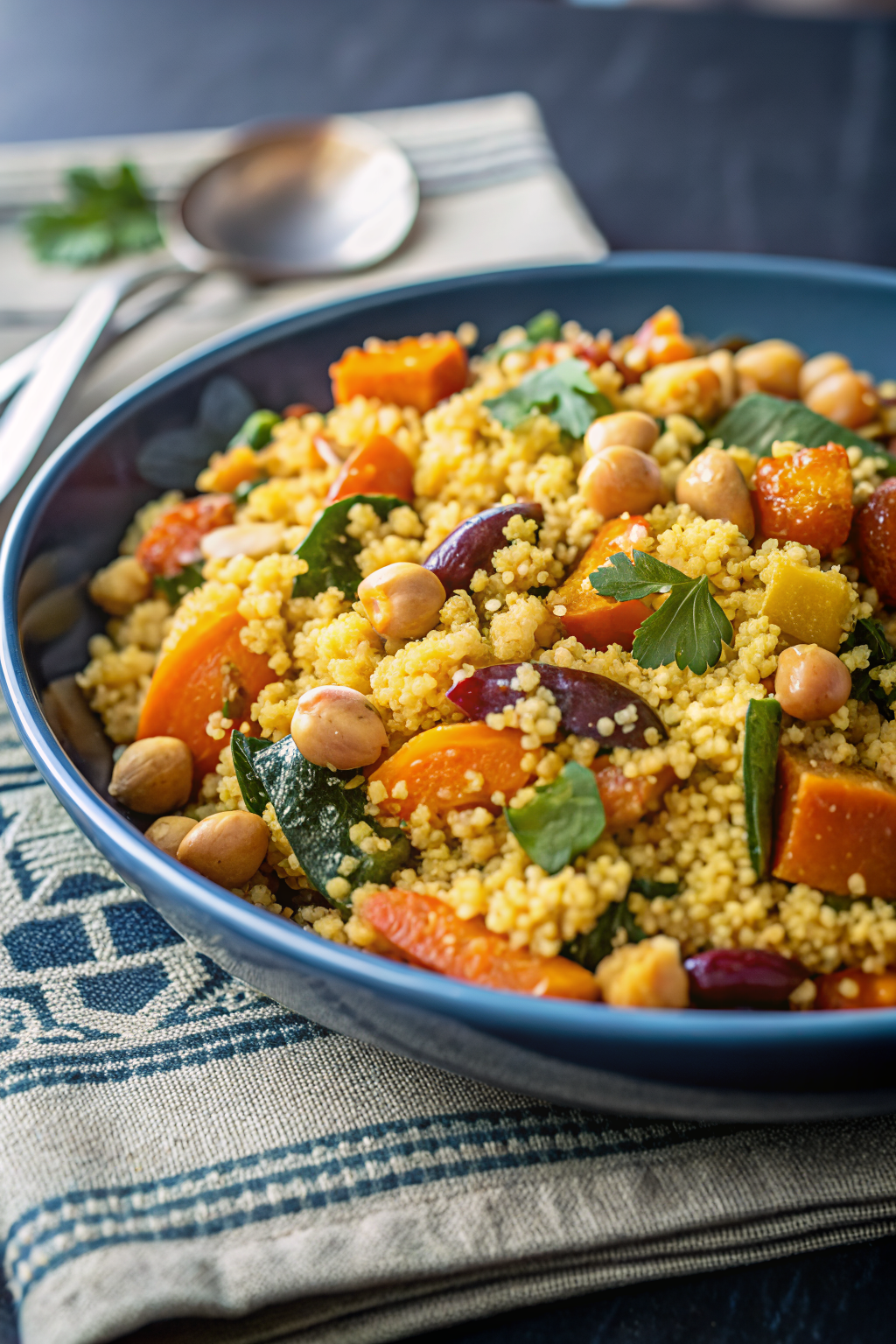 Moroccan Couscous with Roasted Vegetables beautifully presented from an overhead angle