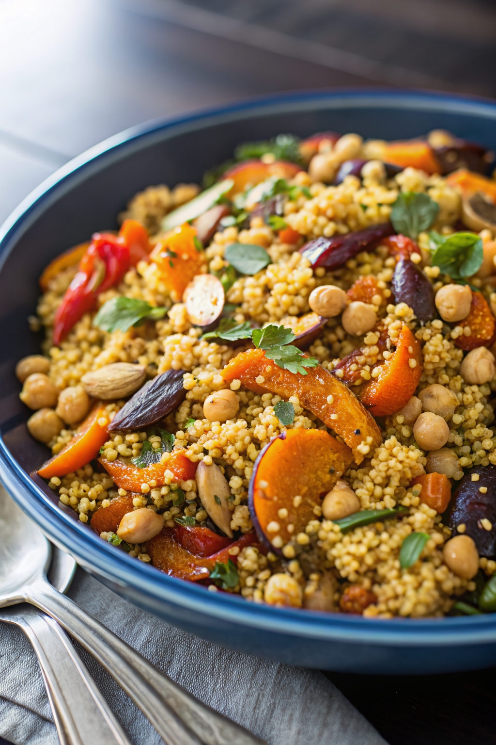 Moroccan Couscous with Roasted Vegetables ingredients organized and measured on kitchen counter