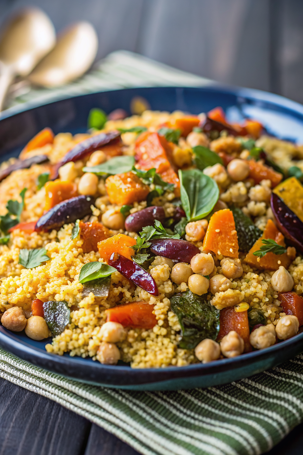 Moroccan Couscous with Roasted Vegetables slice on plate showing perfect texture and swirl pattern
