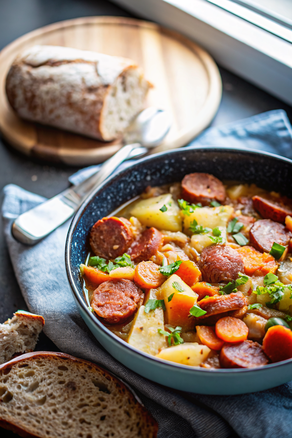 Dublin Coddle beautifully presented from an overhead angle