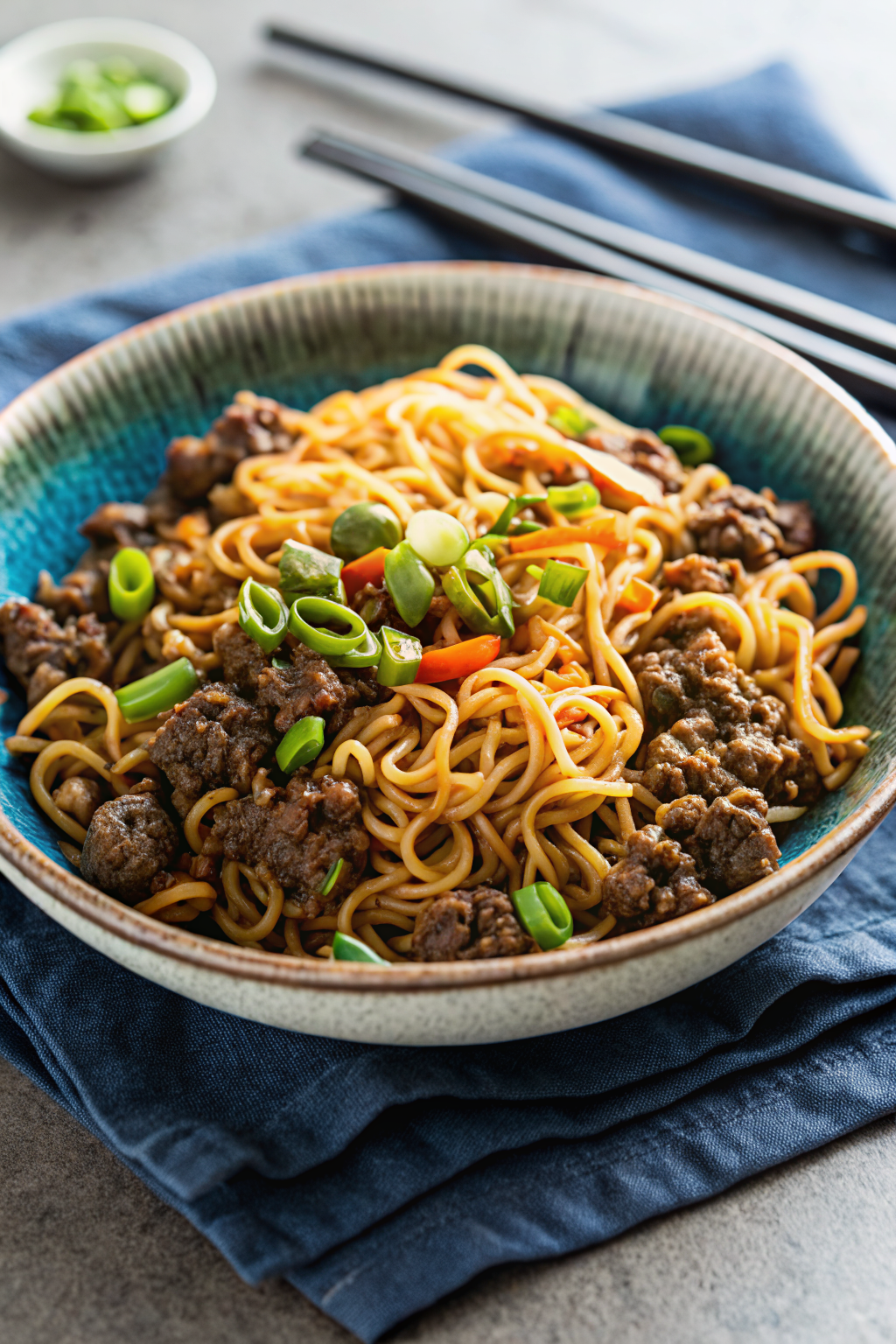 One-Pot Ground Beef Ramen Noodles beautifully presented from an overhead angle