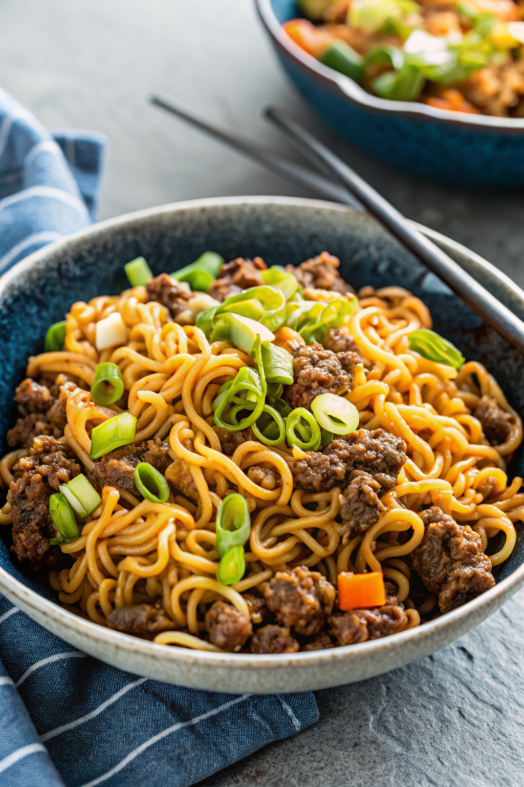 One-Pot Ground Beef Ramen Noodles ingredients organized and measured on kitchen counter