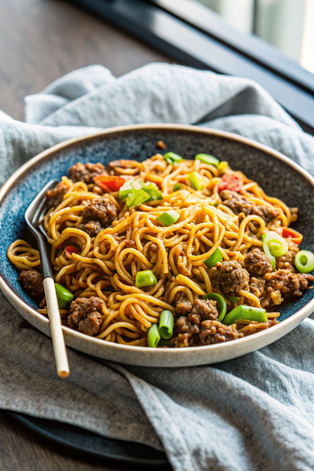 One-Pot Ground Beef Ramen Noodles slice on plate showing perfect texture and swirl pattern