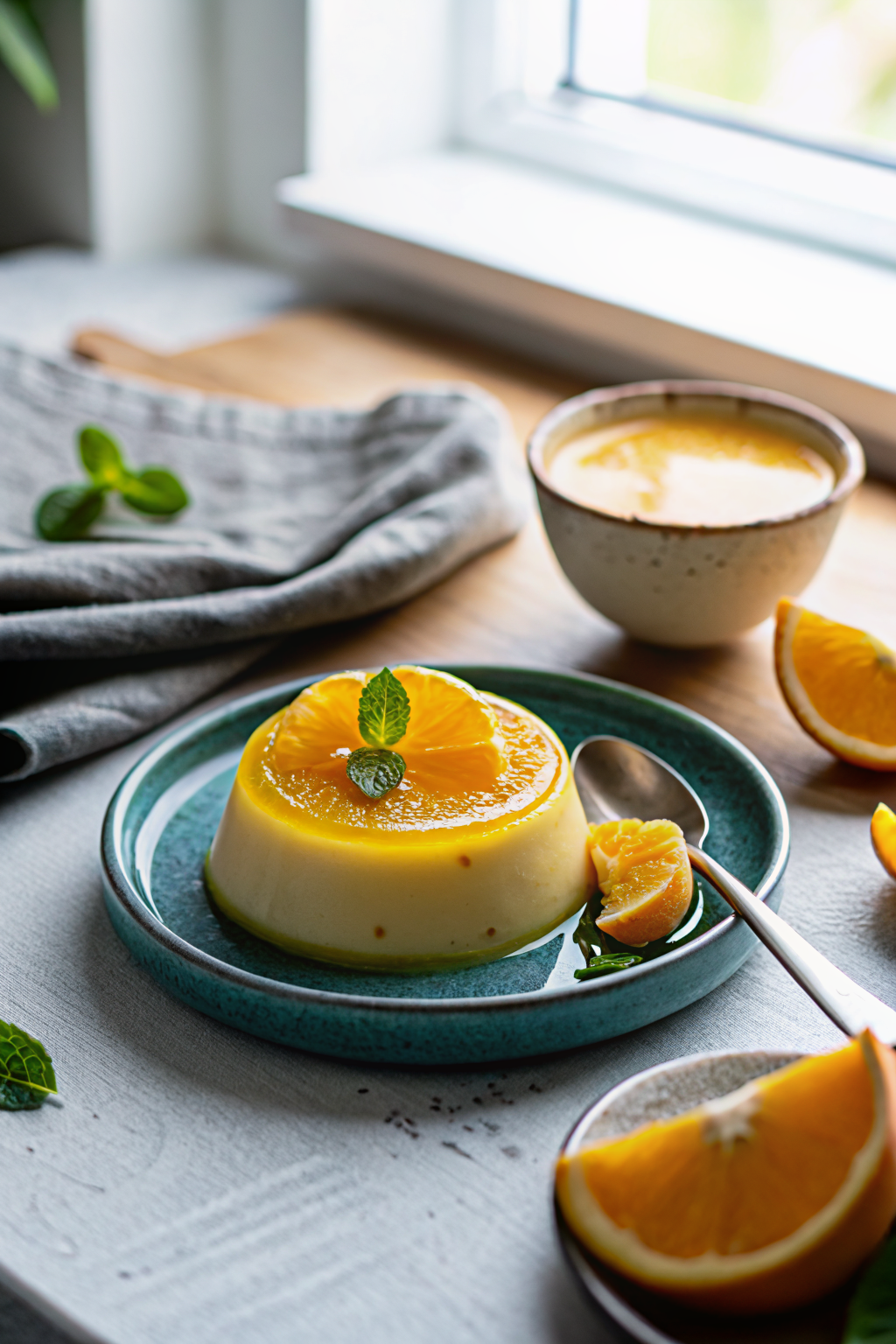 Creamy Orange Custard beautifully presented from an overhead angle
