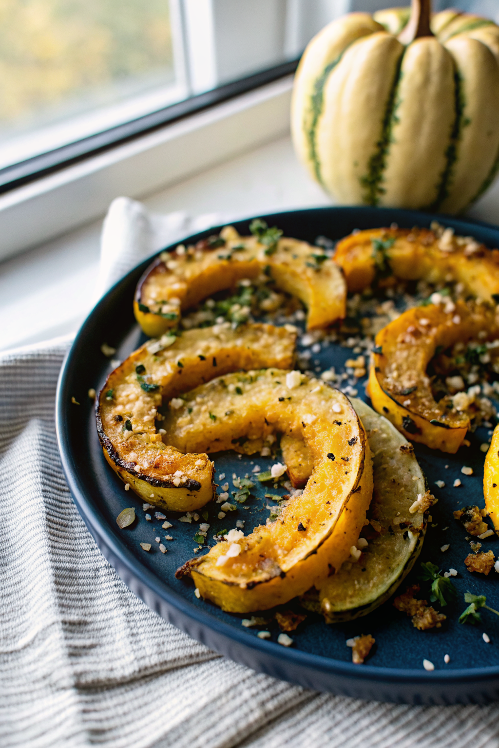 Parmesan Crusted Delicata Squash beautifully presented from an overhead angle