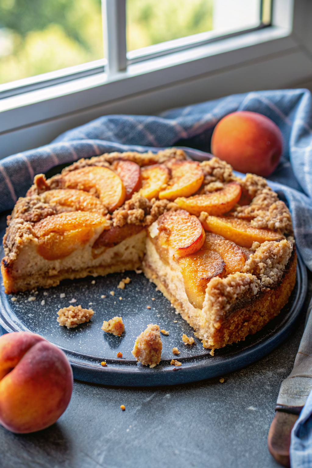 Peach Coffee Cake beautifully presented from an overhead angle