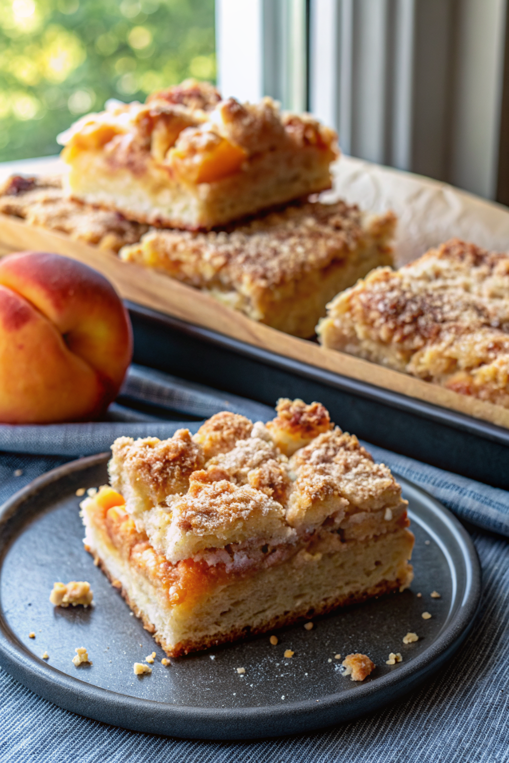 Peach Coffee Cake slice on plate showing perfect texture and swirl pattern