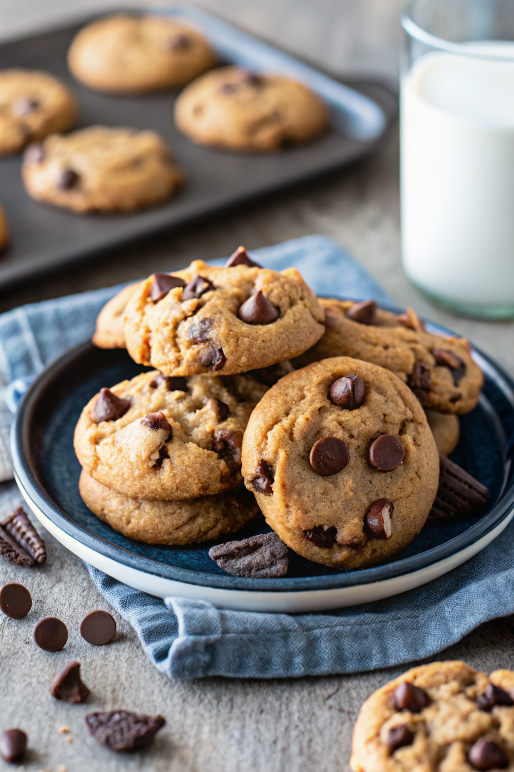 Peanut Butter Chocolate Chip Cookies beautifully presented from an overhead angle