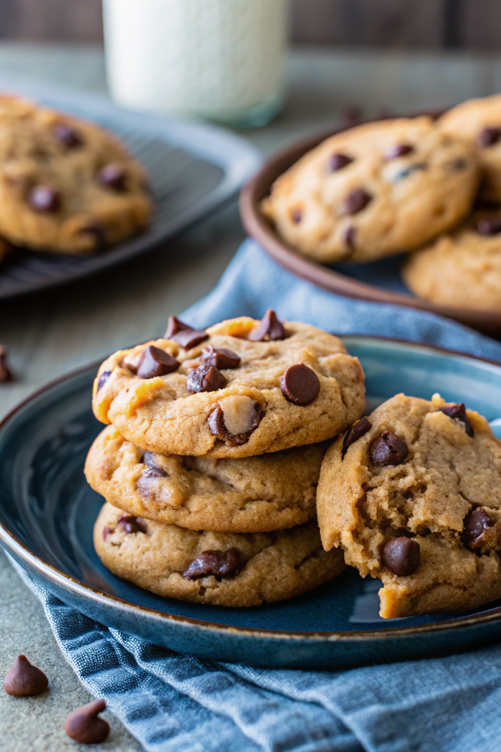 Peanut Butter Chocolate Chip Cookies slice on plate showing perfect texture and swirl pattern