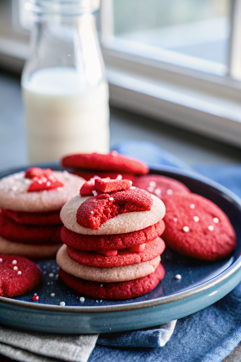 Red Velvet Sugar Cookies beautifully presented from an overhead angle