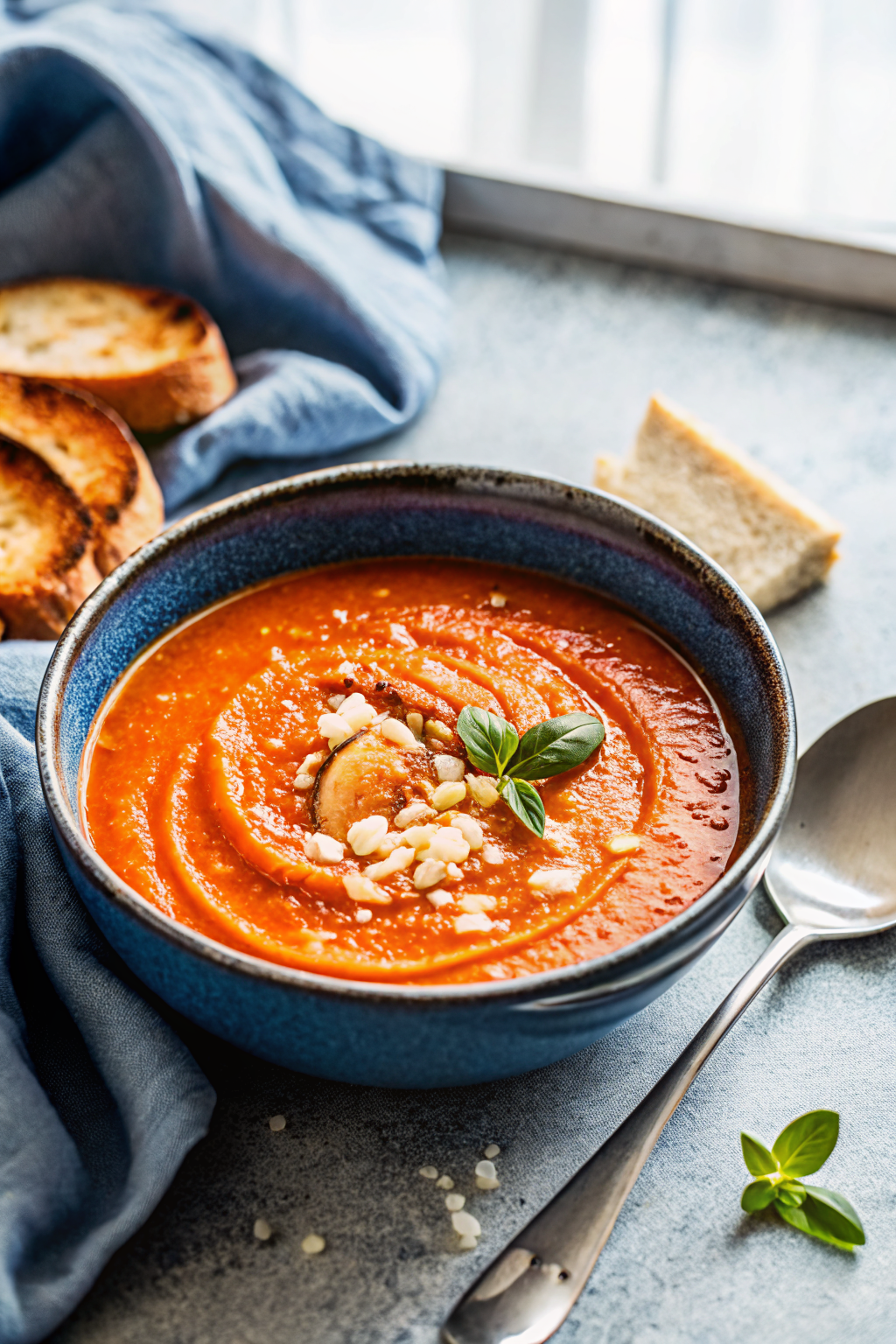 Roasted Red Pepper Soup beautifully presented from an overhead angle