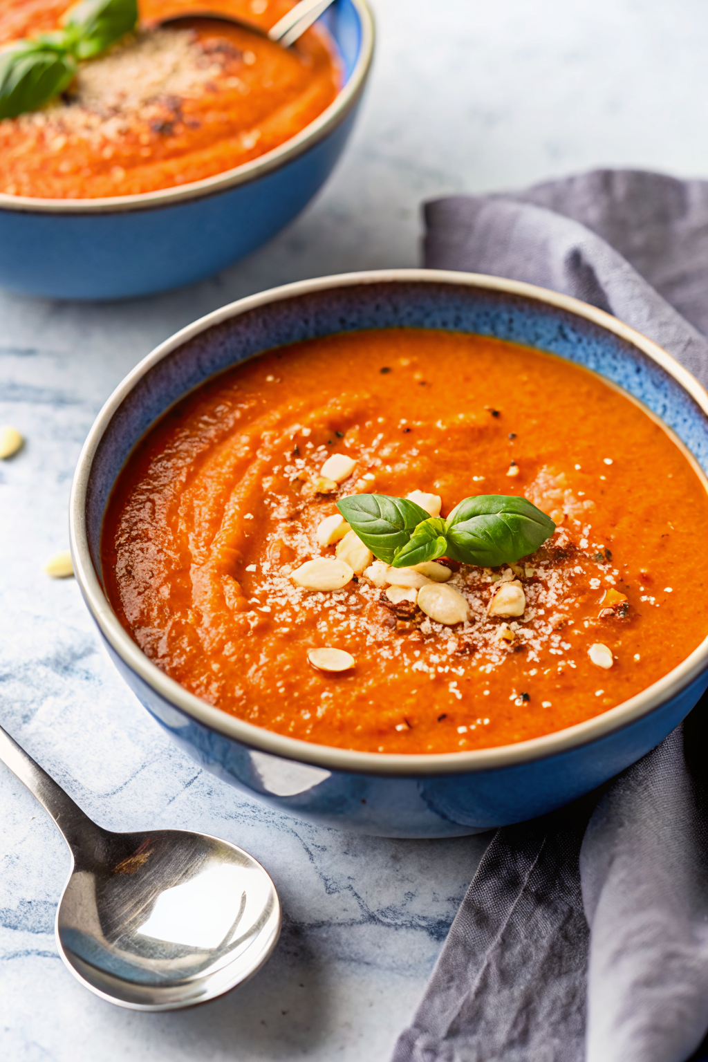 Roasted Red Pepper Soup slice on plate showing perfect texture and swirl pattern