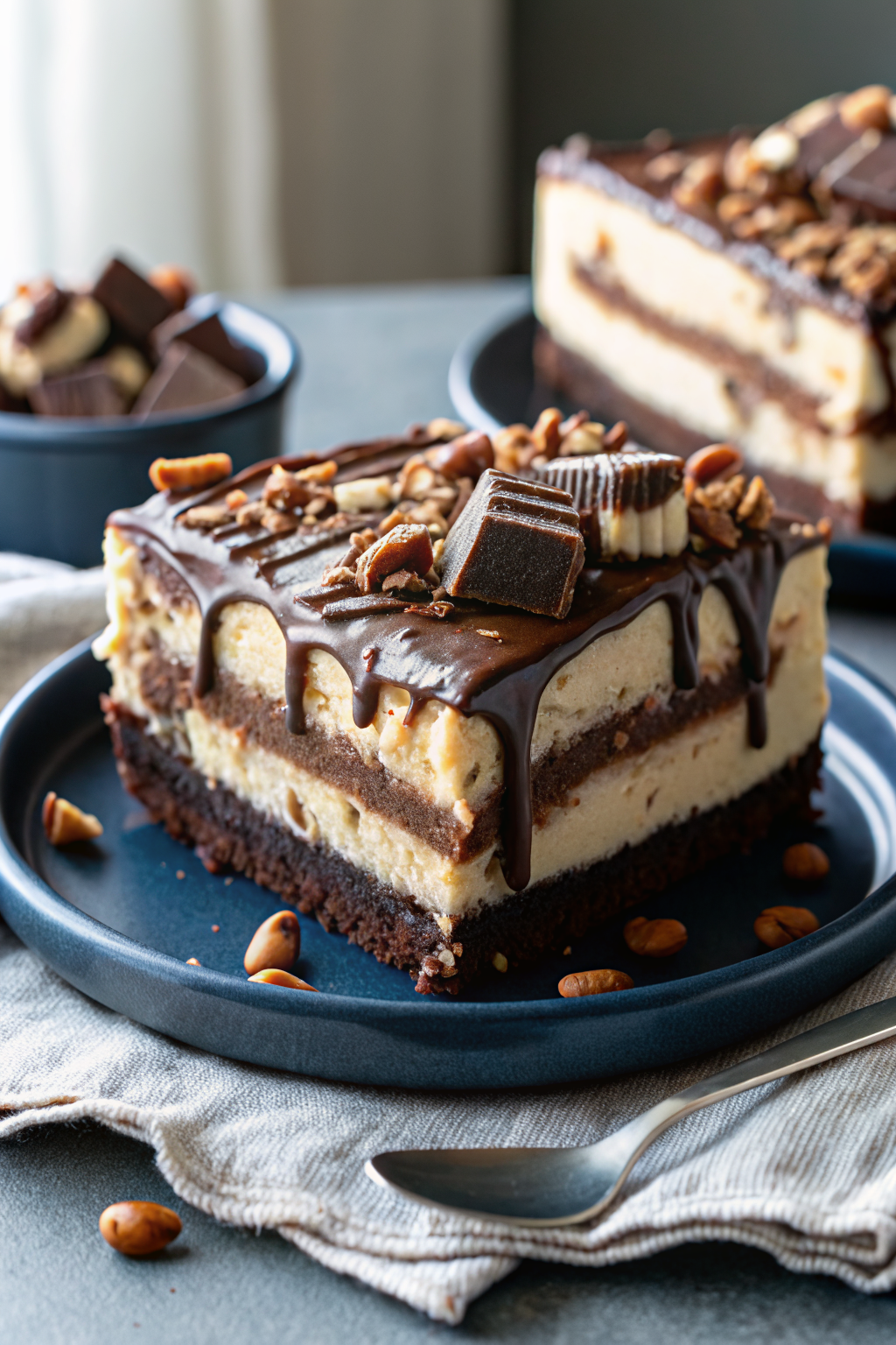 Snickers Peanut Butter Brownie Ice Cream Cake beautifully presented from an overhead angle