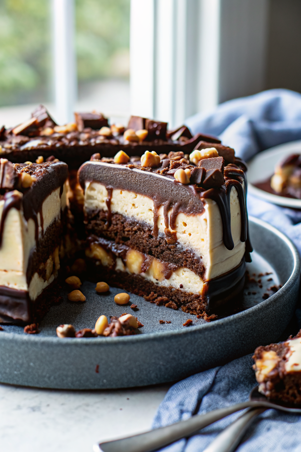 Snickers Peanut Butter Brownie Ice Cream Cake ingredients organized and measured on kitchen counter
