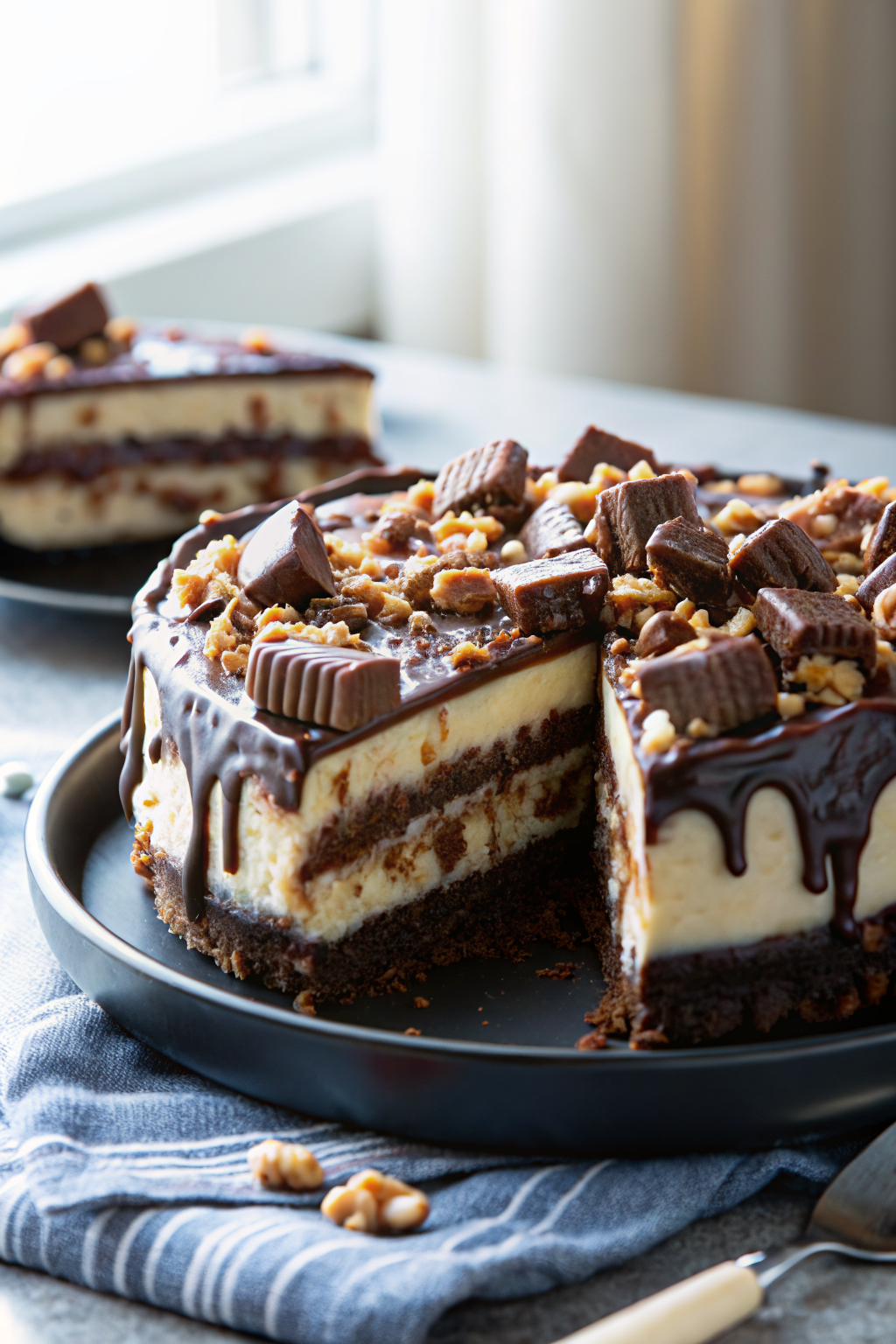 Snickers Peanut Butter Brownie Ice Cream Cake slice on plate showing perfect texture and swirl pattern
