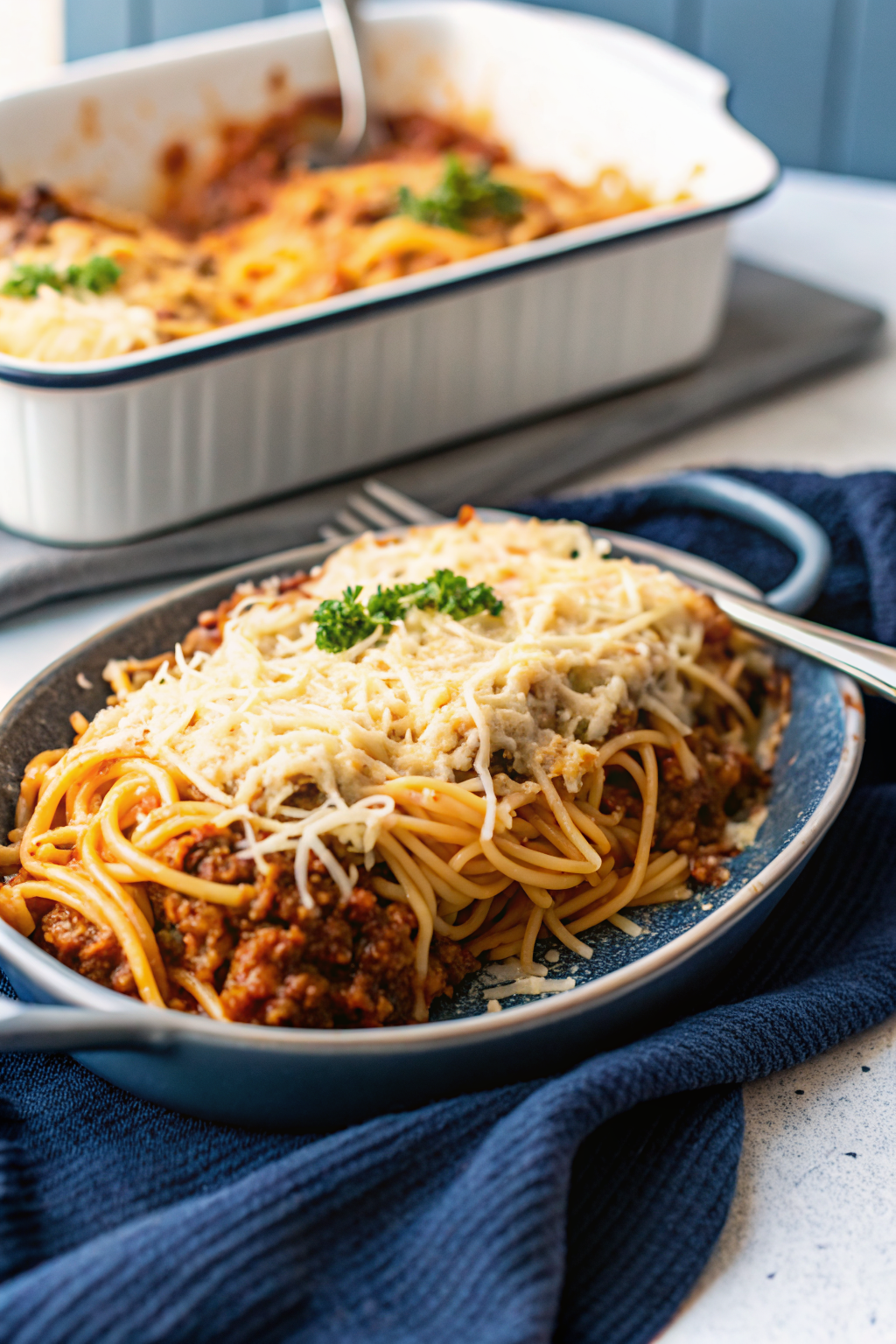 Spaghetti Bake beautifully presented from an overhead angle