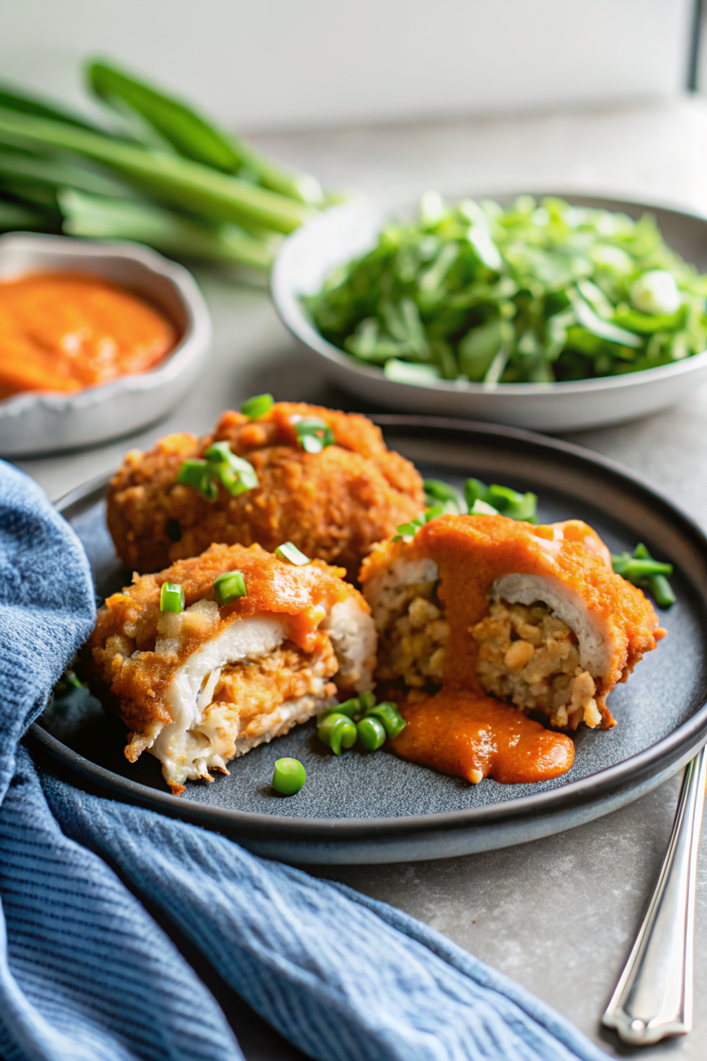 Stuffed Buffalo Chicken beautifully presented from an overhead angle