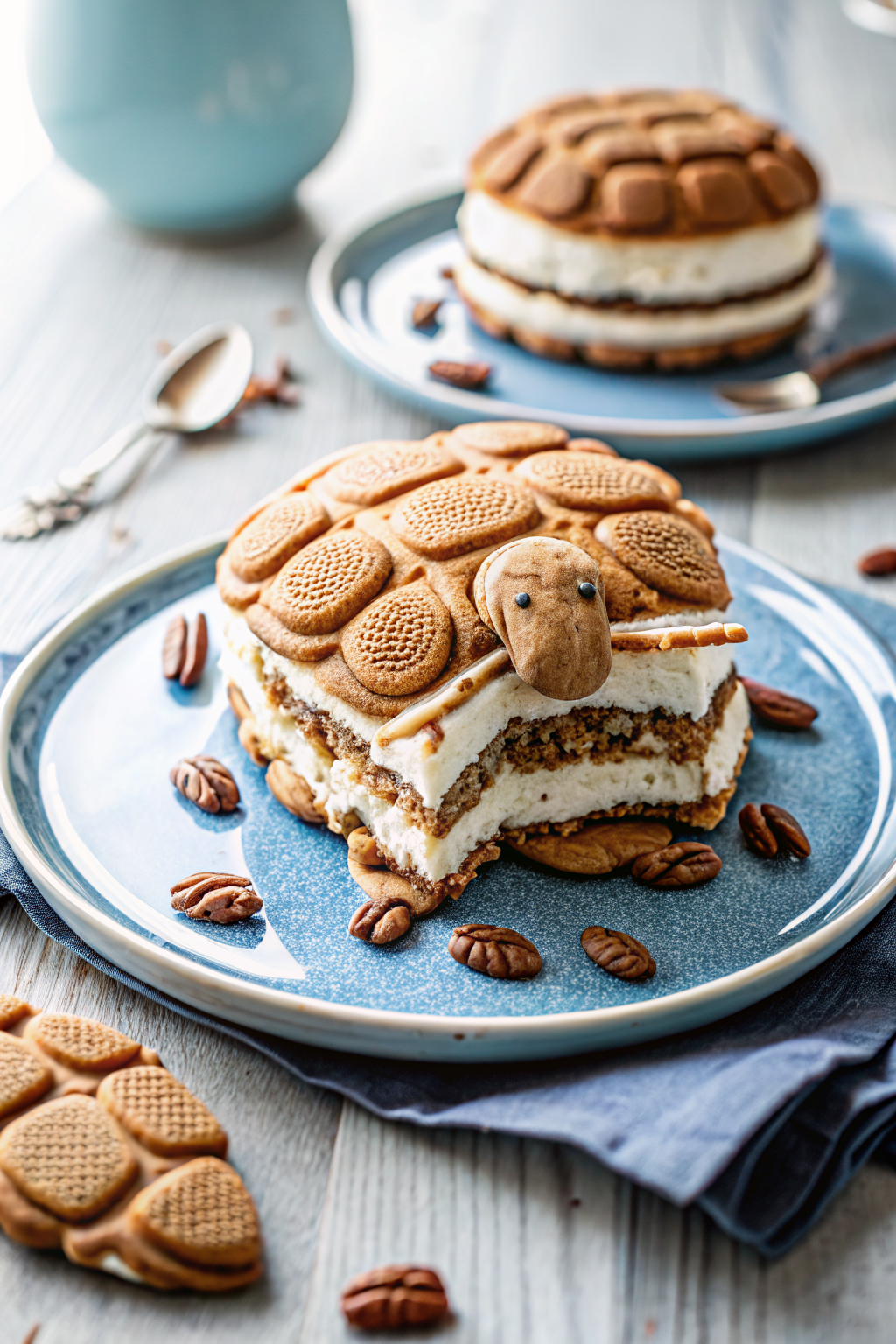 Turtle Ice Cream Sandwich Cake beautifully presented from an overhead angle