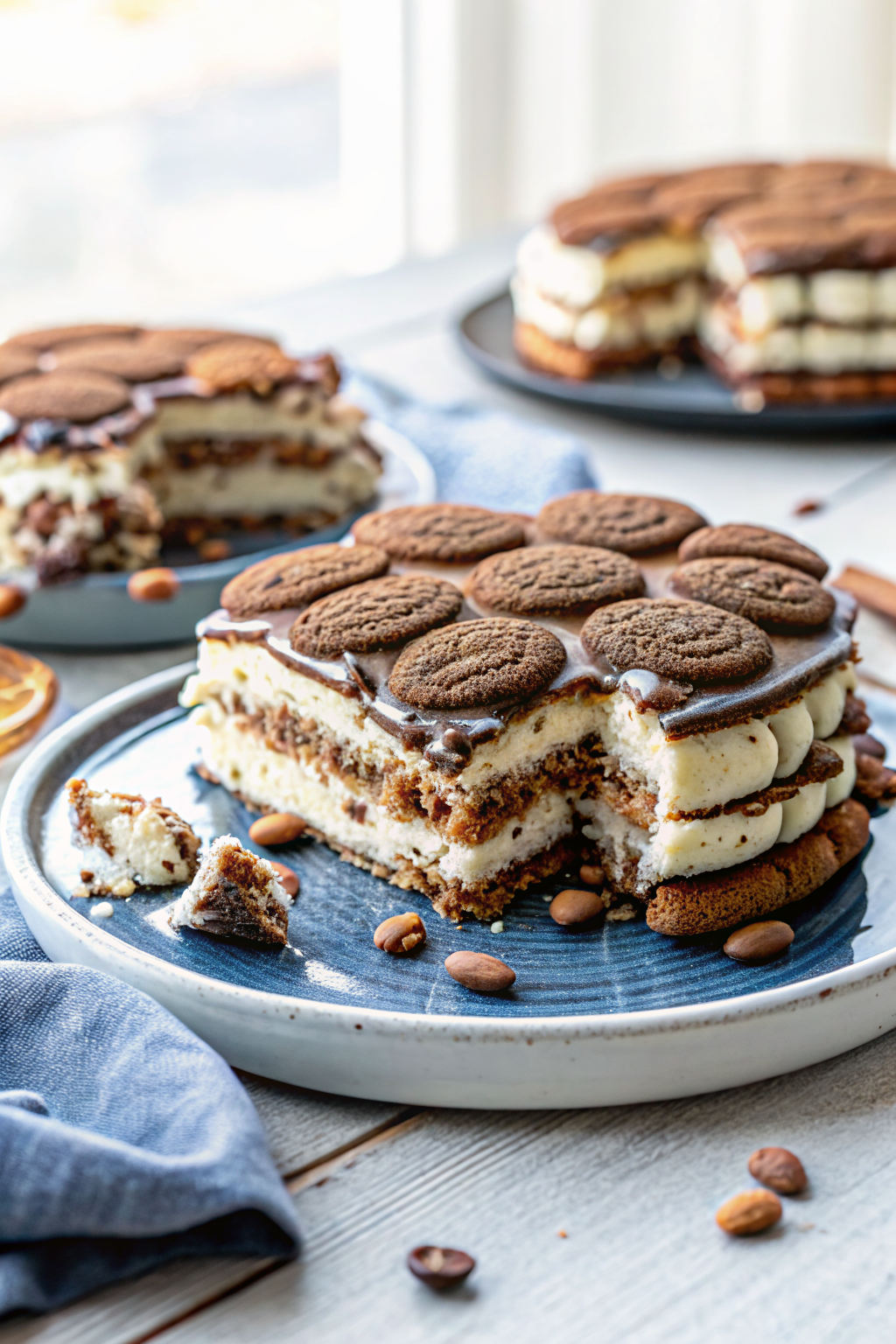 Turtle Ice Cream Sandwich Cake ingredients organized and measured on kitchen counter