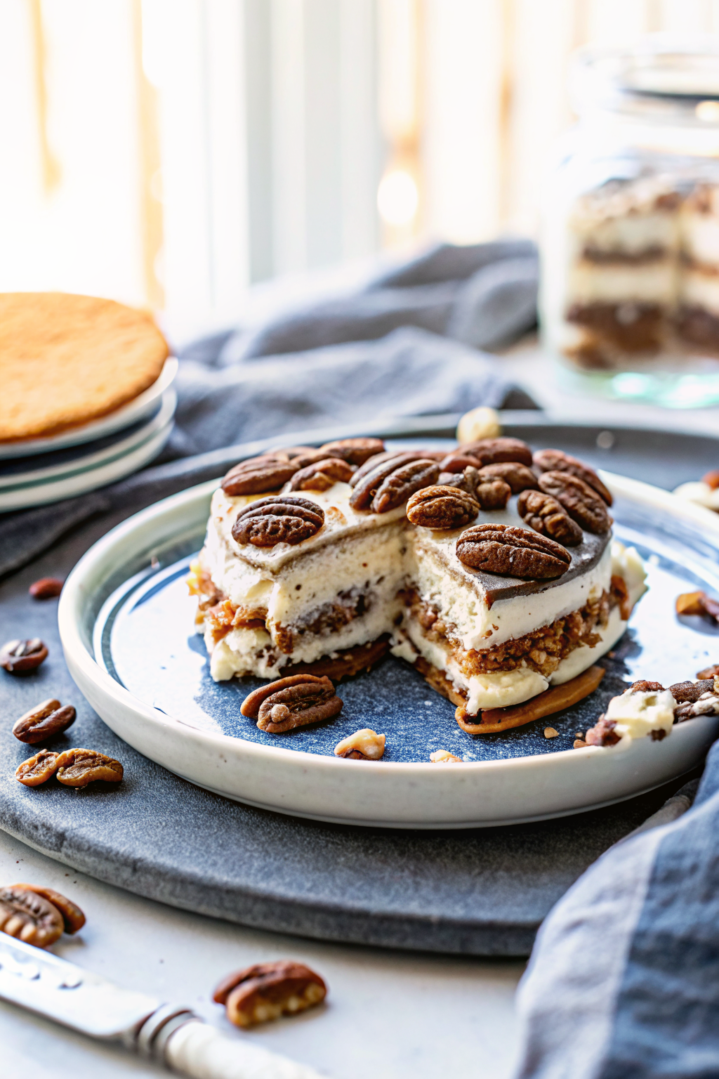 Turtle Ice Cream Sandwich Cake slice on plate showing perfect texture and swirl pattern